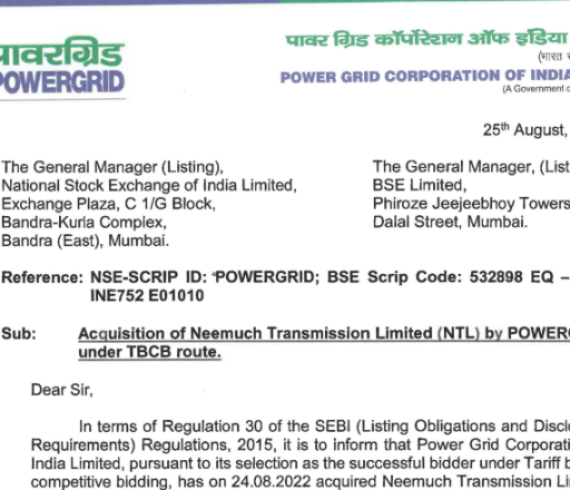 Acquisition of Neemuch Transmission Limited (NTL) by POWERGRID under TBCB route