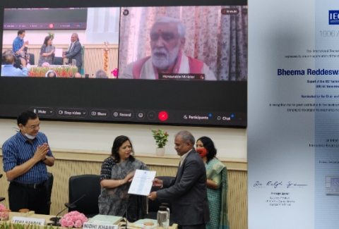 The International Electrotechnical Commission has awarded the prestigious IEC 1906 Award to Mr. S.B.R. Rao, GM (TD) POWERGRID in recognition for his great contribution to the development of IEC IS 63042-201:2018 as a WS member bringing to the project his experience in Indian UHV engineering and Expert of IEC Technical Committee 122, UHVAC Trans. Systems.