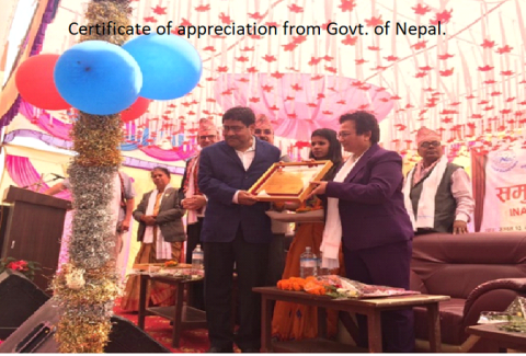 Certificate of appreciation from Govt. of Nepal.